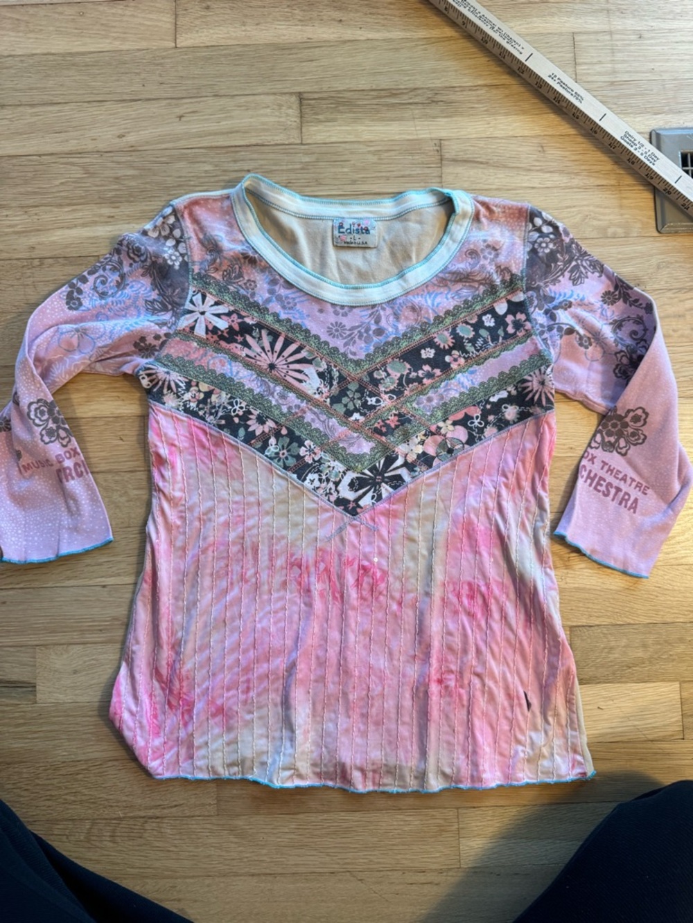 Edista Pink Floral Patchwork Ribbed Long Sleeve Top